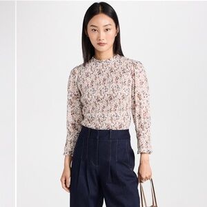 Veronica Beard Kali Top Smocked Blouse in Ecru Multi Cream & Pink Floral Print